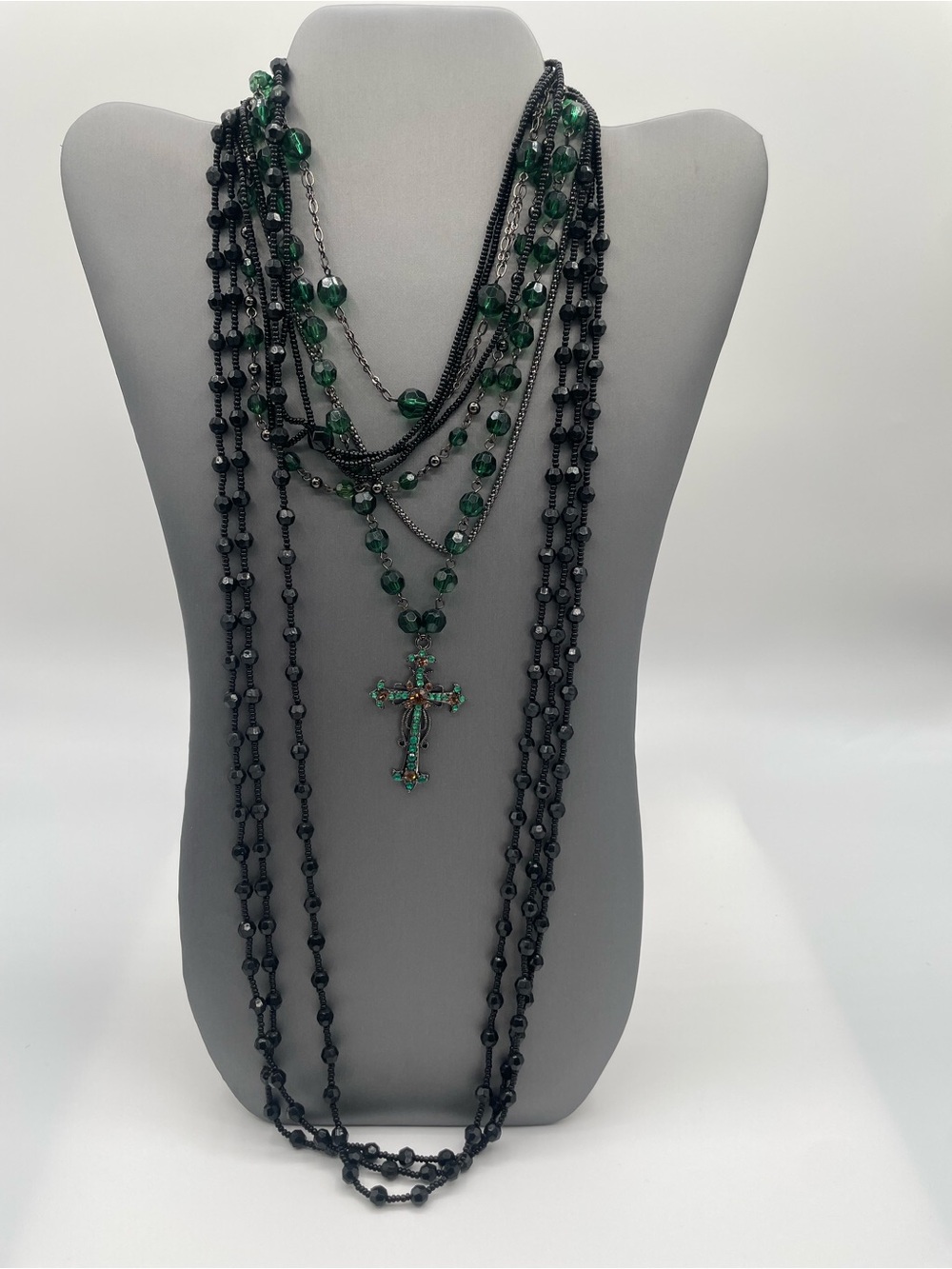 Multi-Strand Black Faceted and Green Cross Faceted Necklace - Lot -Women Jewelry